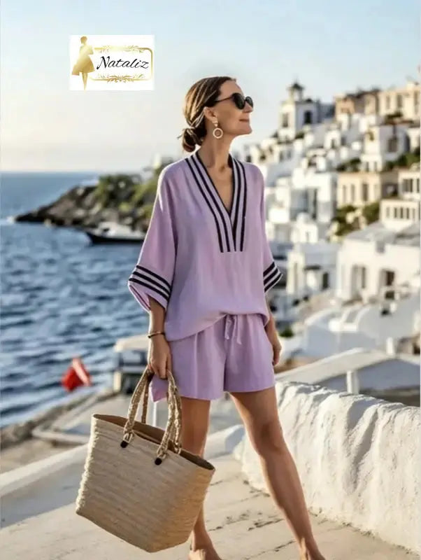 Casual And Versatile V-neck Elegant And Fashionable Shorts and Top Set Nataliz