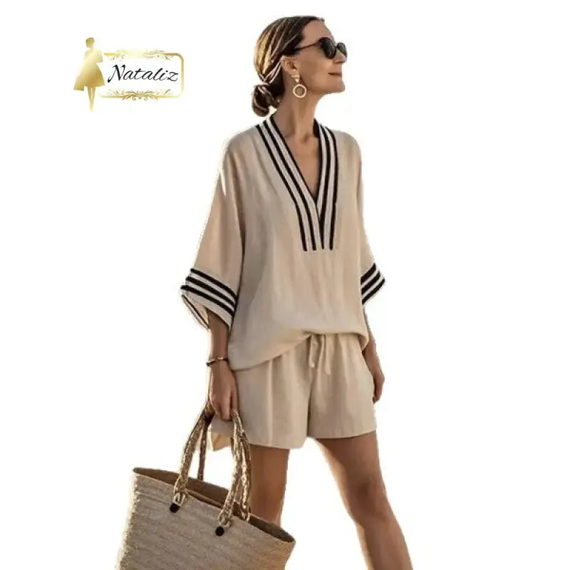 Casual And Versatile V-neck Elegant And Fashionable Shorts and Top Set Nataliz