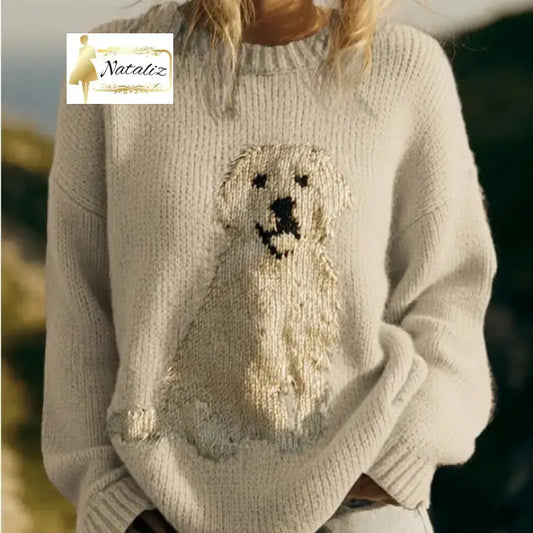 Casual Crew-Sweater Loose-Top with Dog design Tops