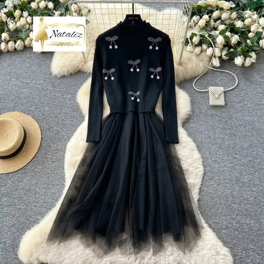 Cherry Vest Long-Sleeve Knitted Patchwork Mesh Dress Dress