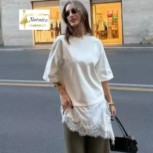 Chic Fashion T-Shirt With A Patchwork Lace Hem Tops