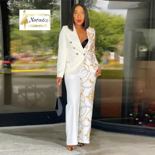 Chic Two-piece Suit Featuring A Peter Pan Collar Long Sleeves And A Printed Design Suits