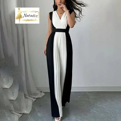 Color Block Slim Women Pleated High Wide Leg Jumpsuit Nataliz Boutique Shop