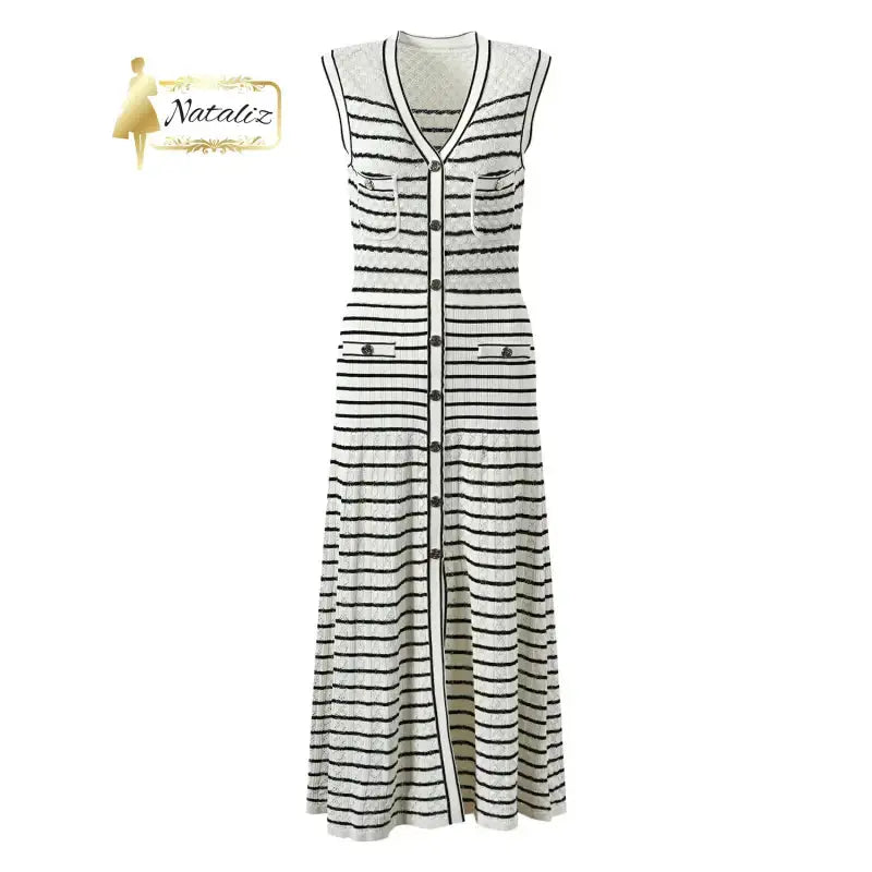 Color block Striped V-neckline Knitted  Slim Fitted Long Dresses Nataliz Boutique Shop