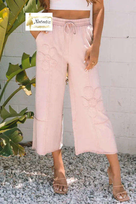 Cotton Pink Flower Patch Mineral Washed Terry Knit Cropped Wide Leg Pants Dear-Lover Dropshipping