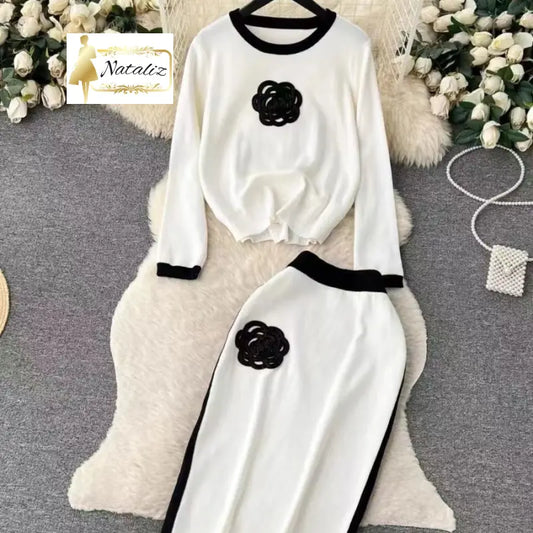 Crew-neck Loose-fit Knit Top And High-waisted Midi Skirt Two Pieces Sets