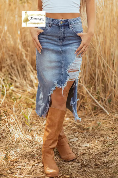 Dark Grey Irregular Distressed Bottom Denim Midi Skirt Dear-Lover Dropshipping