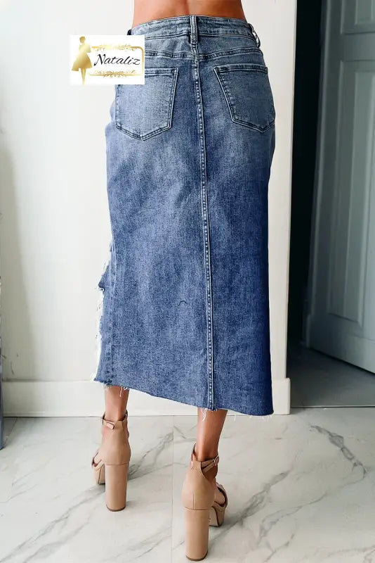 Dark Grey Irregular Distressed Bottom Denim Midi Skirt Dear-Lover Dropshipping