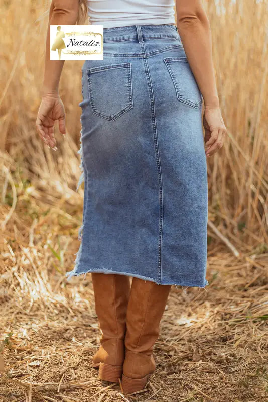 Dark Grey Irregular Distressed Bottom Denim Midi Skirt Dear-Lover Dropshipping