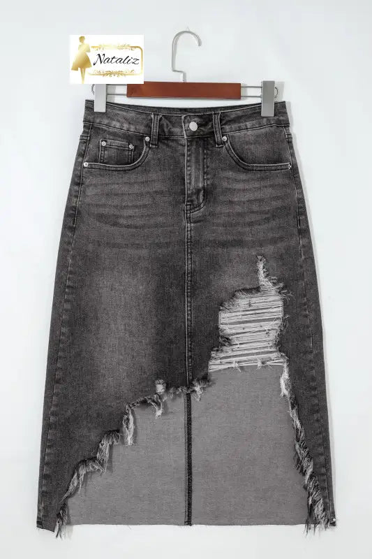Dark Grey Irregular Distressed Bottom Denim Midi Skirt Dear-Lover Dropshipping