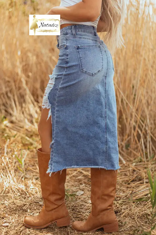 Dark Grey Irregular Distressed Bottom Denim Midi Skirt Dear-Lover Dropshipping