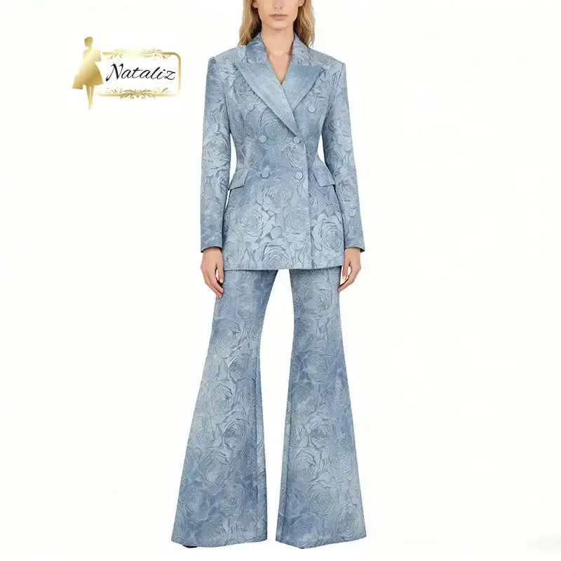 Denim Suit Floral Long Sleeve Blazer Flared Pants Laser Engraving Nataliz Boutique Shop