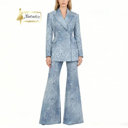 Denim Suit Floral Long Sleeve Blazer Flared Pants Laser Engraving Nataliz Boutique Shop