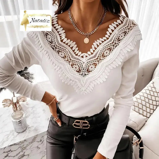Double-V Lace V-Neck Trim Pullover T-Shirt Tops