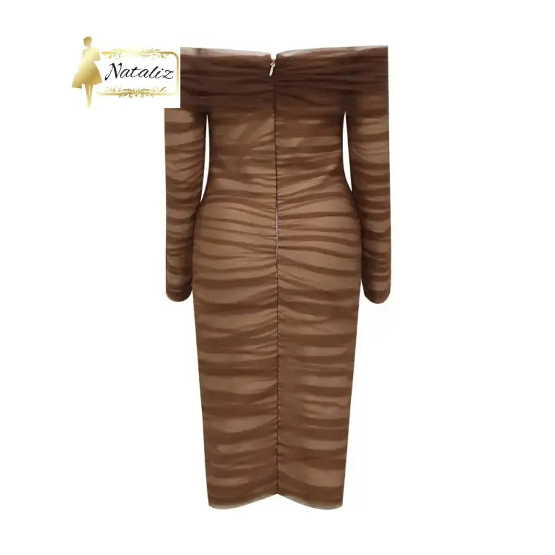Elegant Brown Off Shoulder Mesh Long Sleeve Midi Bodycon Dress Nataliz Boutique Shop
