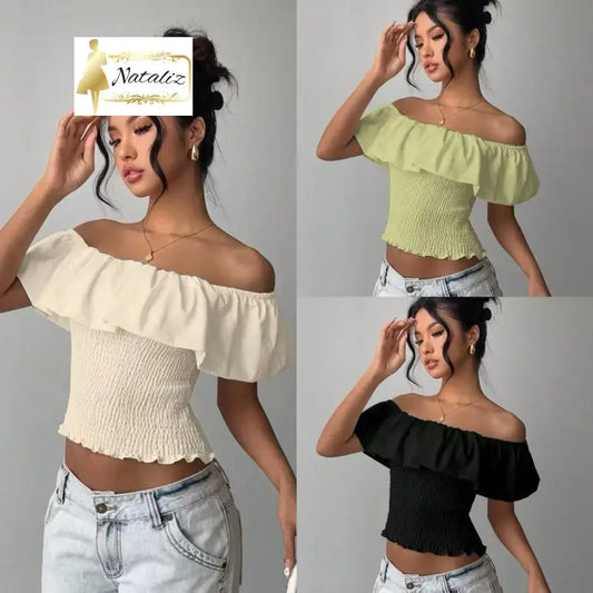Elegant Off-the-shoulder Waist-cinching Top Tops
