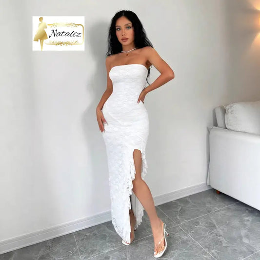 Elegant Solid-color Strapless Slit Dress Formal Dresses