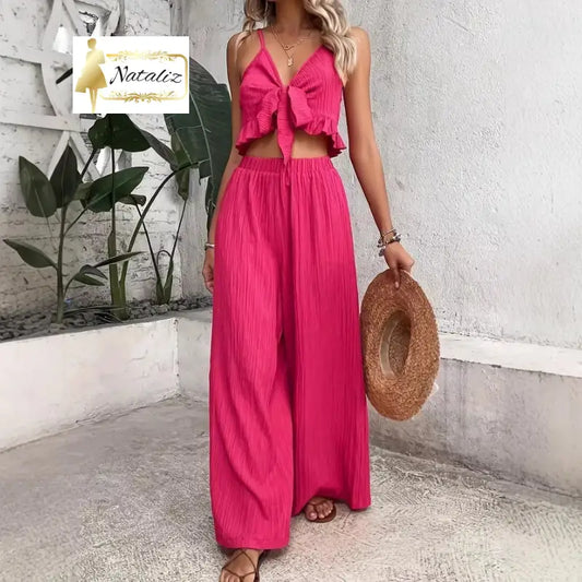 Elegant Solid-color Two-piece Set A V-neck Slip Top With Tie Details And Wide-leg Trousers Two Pieces Sets