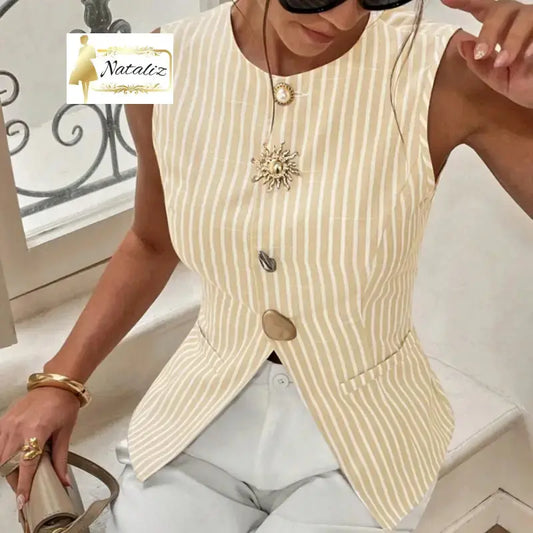 Elegant Striped Crew-neck Button-up Vest Top Tops