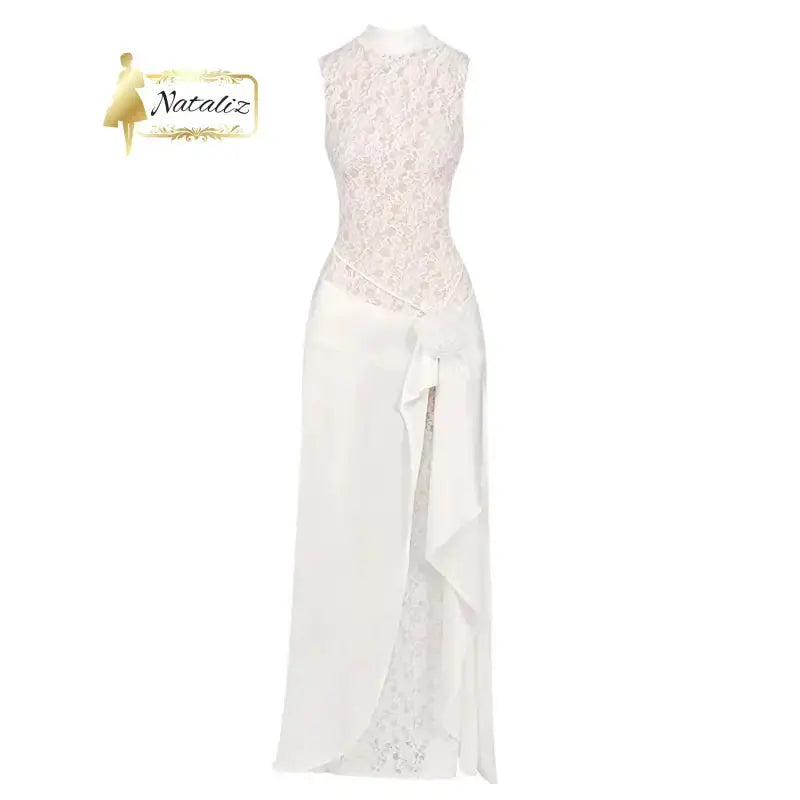 Elegant White Bridal Gown Draped Skirt  Floor-Length Lace-up Back Design Nataliz Boutique Shop