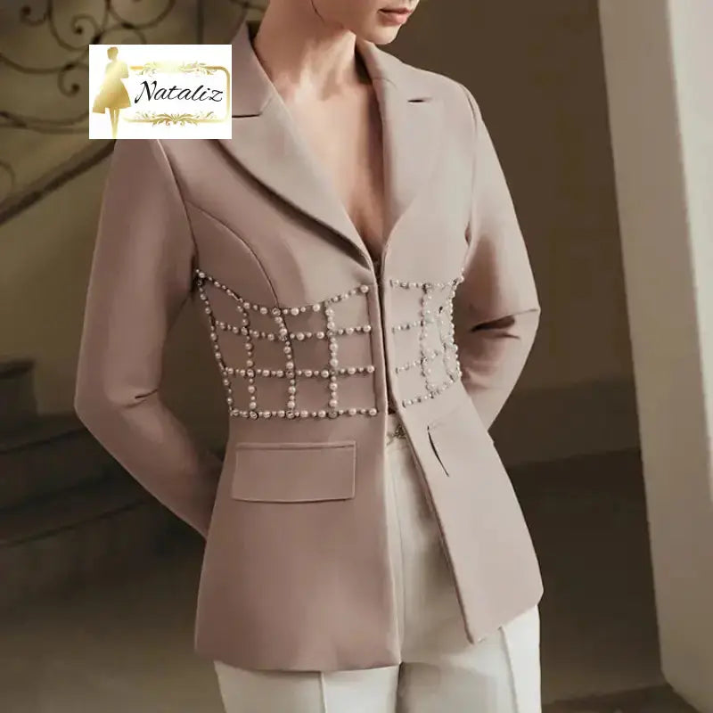 Elegant Women's Slim Fit  Bandage Blazer With Waist Pearl Design Nataliz Boutique Shop