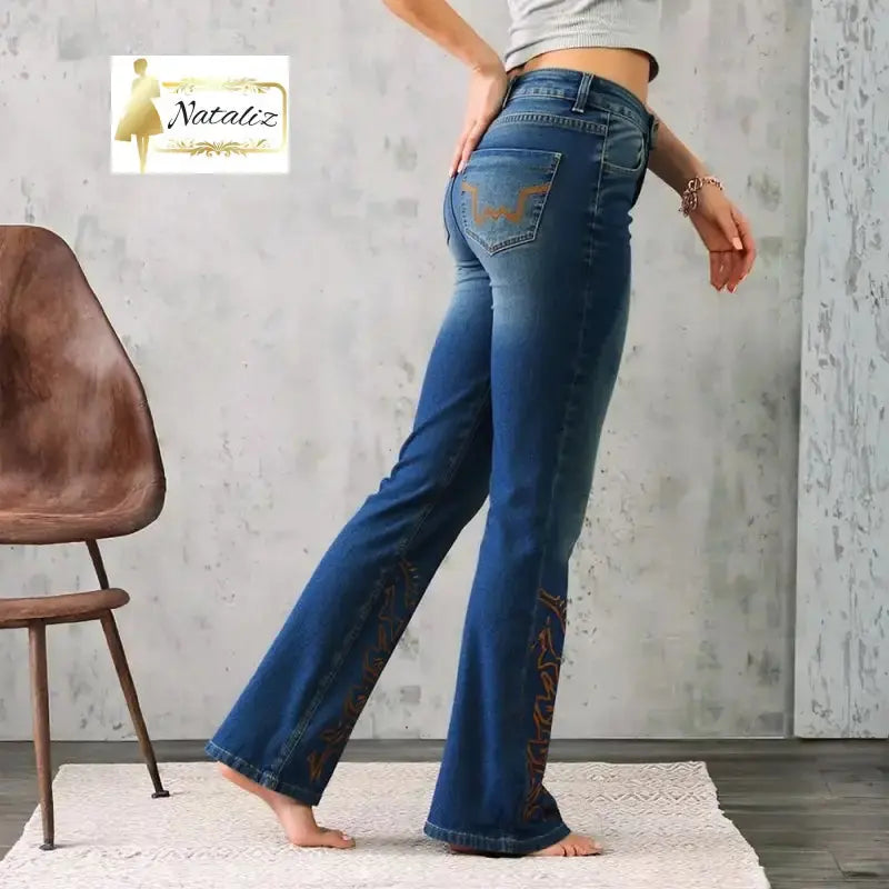 Embroidered Flared Jeans, High-Waist Bootcut Denim Nataliz