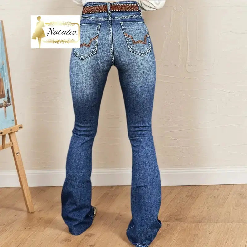 Embroidered Flared Jeans, High-Waist Bootcut Denim Nataliz