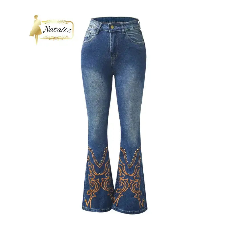 Embroidered Flared Jeans, High-Waist Bootcut Denim Nataliz
