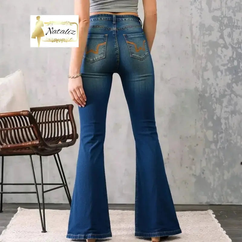 Embroidered Flared Jeans, High-Waist Bootcut Denim Nataliz