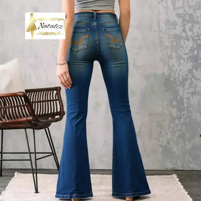 Embroidered Flared Jeans, High-Waist Bootcut Denim Nataliz
