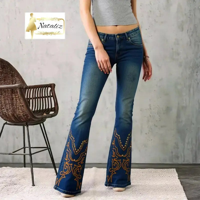 Embroidered Flared Jeans, High-Waist Bootcut Denim Nataliz