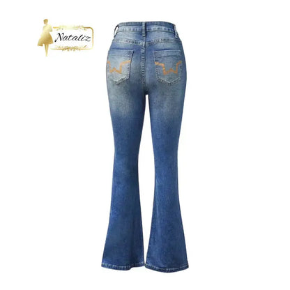 Embroidered Flared Jeans, High-Waist Bootcut Denim Nataliz