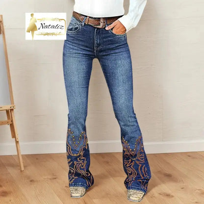 Embroidered Flared Jeans, High-Waist Bootcut Denim Nataliz