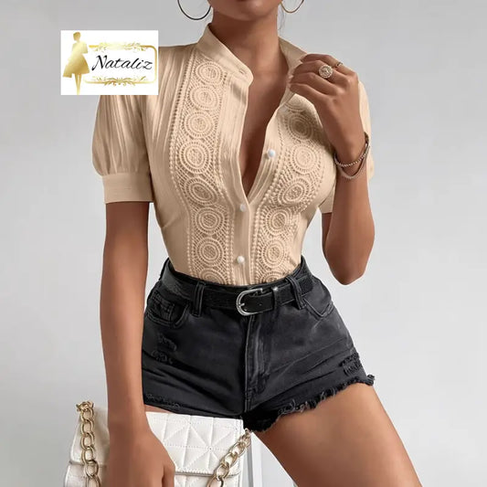 European And American Lace Patchwork Stand-up Collar Women’s Top Tops