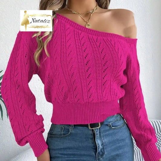 Fashion Cable-knit Off-shoulder Short-length Long-sleeve Top Tops
