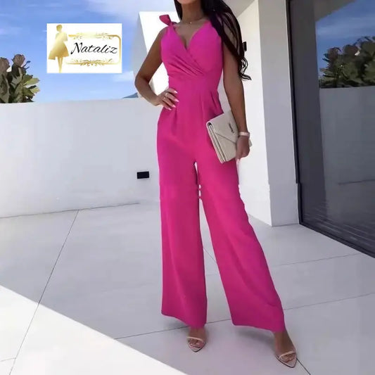 Fashionable Solid-Color V-Neck Sleeveless Long Jumpsuit Jump Suit