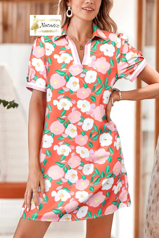Fresh Salmon Floral Print Contrast Striped Trim Polo Collar T Shirt Dress Dear-Lover Dropshipping