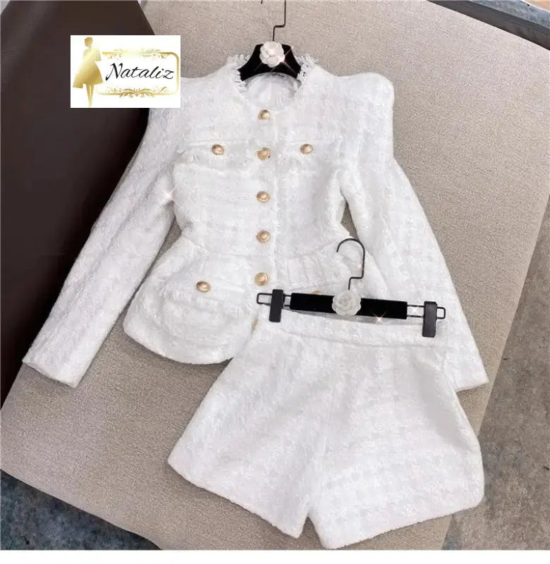 Fringed Gold Buttons Jacket and Short Pants Tweed Two Piece Set 8