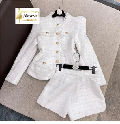 Fringed Gold Buttons Jacket and Short Pants Tweed Two Piece Set 8