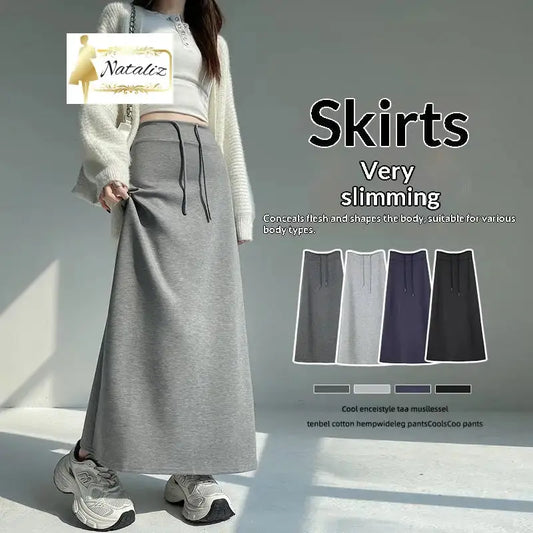 Gray Athletic High-waist Straight-leg Slit A-line Maxi Skirt Skirts