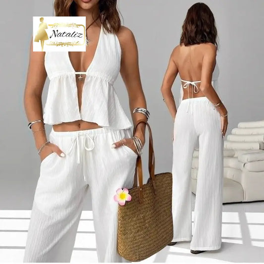 Halterneck Strap Sexy Backless Sleeveless Tank Top And Slim-fit Set Two Pieces Sets