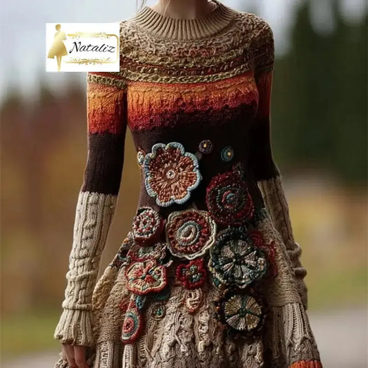 High-neck Sweater Dress Vintage Cable-knit Long-sleeve Dress