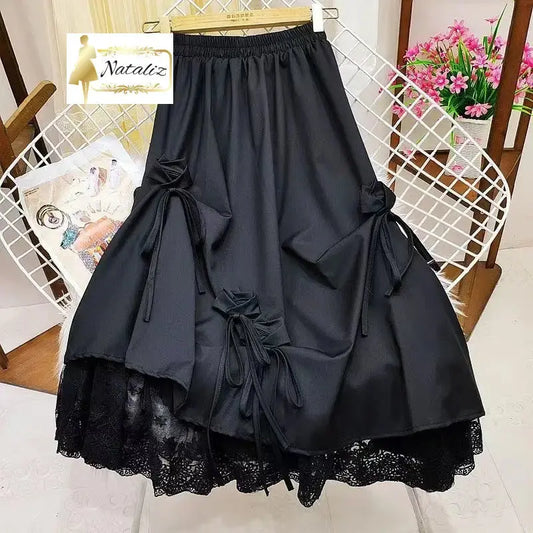 High-waisted Bow Heavy Work Spliced Lace A-line Midi Skirt Nataliz