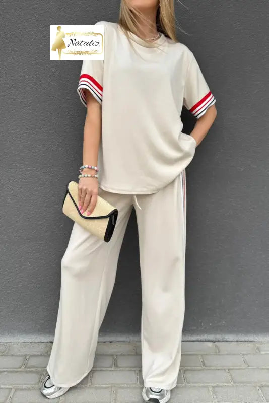 Jet Stream Contrast Striped Trim Crewneck T Shirt Loose Straight Pants Set Dear-Lover Dropshipping