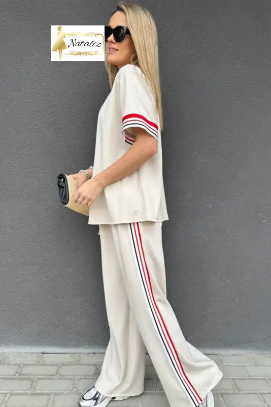 Jet Stream Contrast Striped Trim Crewneck T Shirt Loose Straight Pants Set Dear-Lover Dropshipping