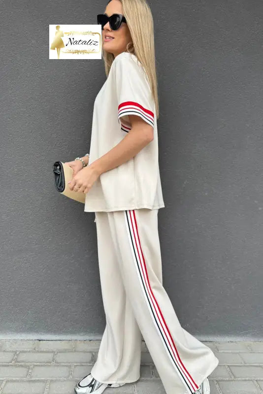 Jet Stream Contrast Striped Trim Crewneck T Shirt Loose Straight Pants Set Dear-Lover Dropshipping