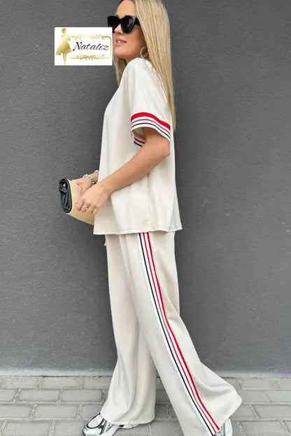 Jet Stream Contrast Striped Trim Crewneck T Shirt Loose Straight Pants Set Dear-Lover Dropshipping