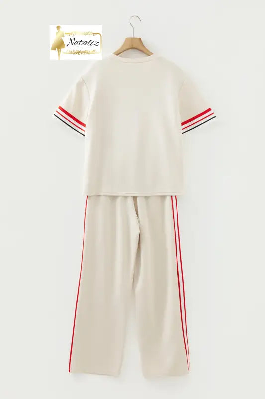 Jet Stream Contrast Striped Trim Crewneck T Shirt Loose Straight Pants Set Dear-Lover Dropshipping