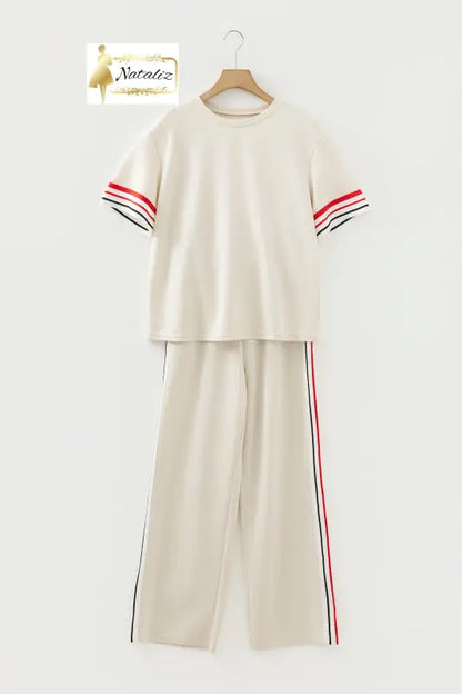Jet Stream Contrast Striped Trim Crewneck T Shirt Loose Straight Pants Set Dear-Lover Dropshipping