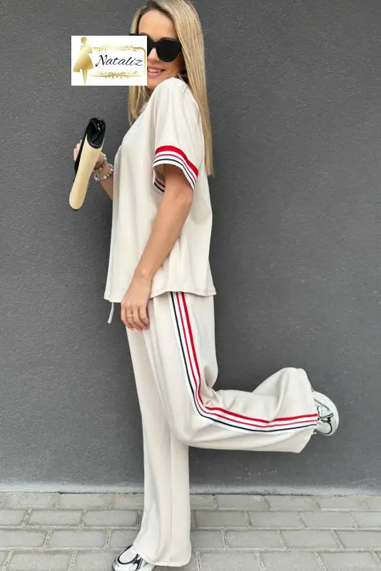 Jet Stream Contrast Striped Trim Crewneck T Shirt Loose Straight Pants Set Dear-Lover Dropshipping